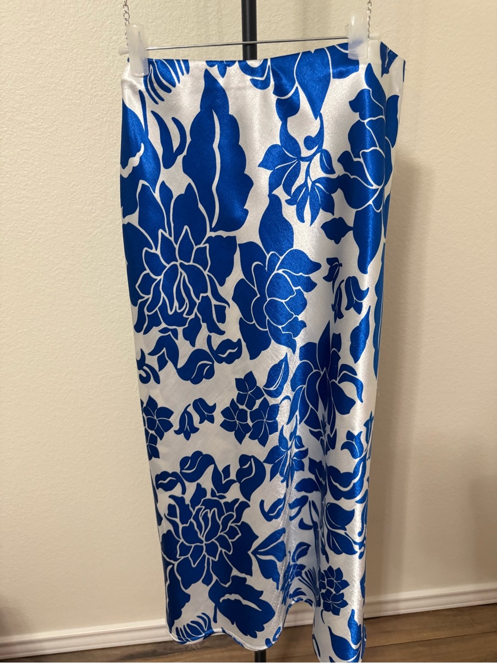 Satin Blue Floral Midi Skirt